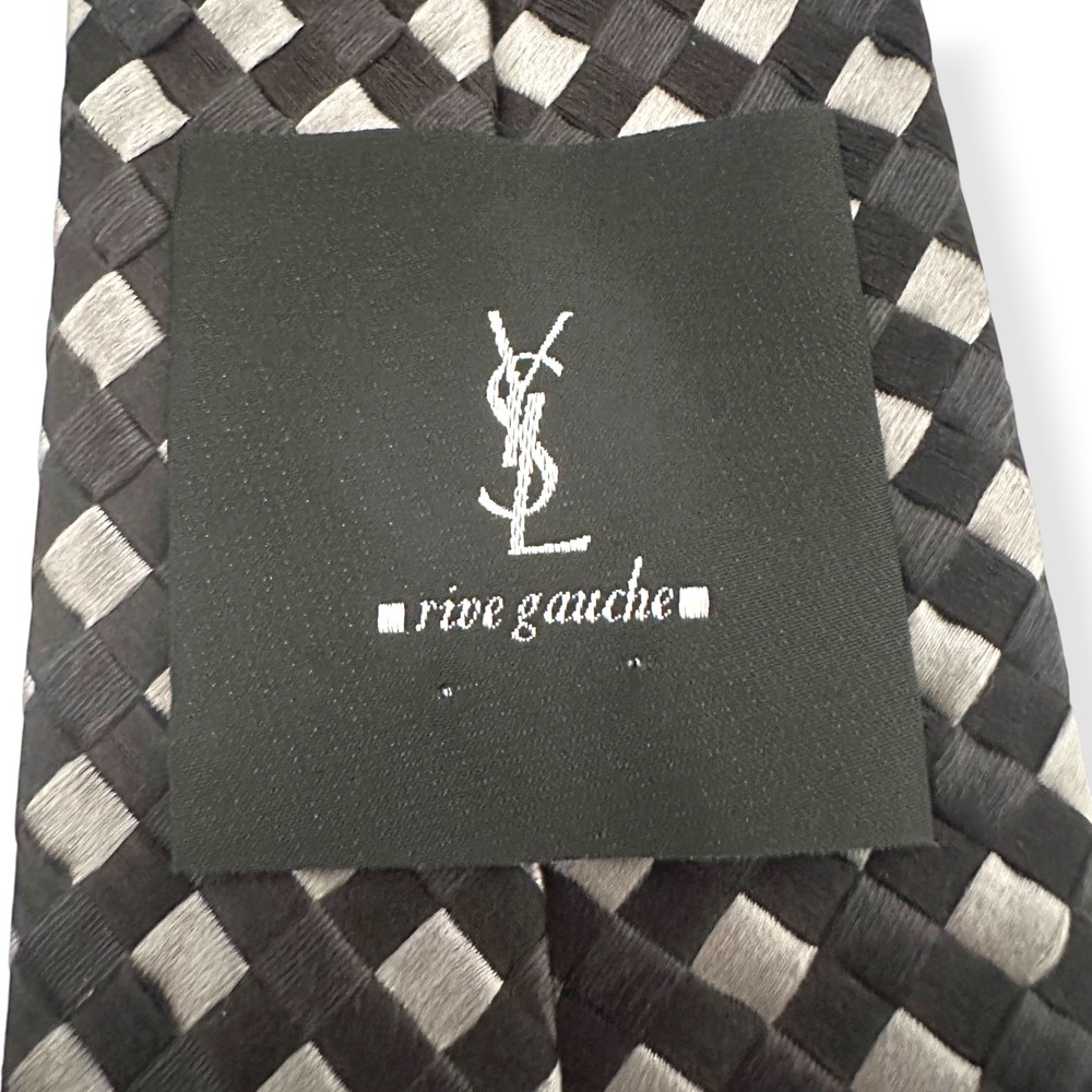 Yves Saint Laurent Rive Tie Silk Black Silver Checkered Textured Designer Men OS - Picture 5 of 7
